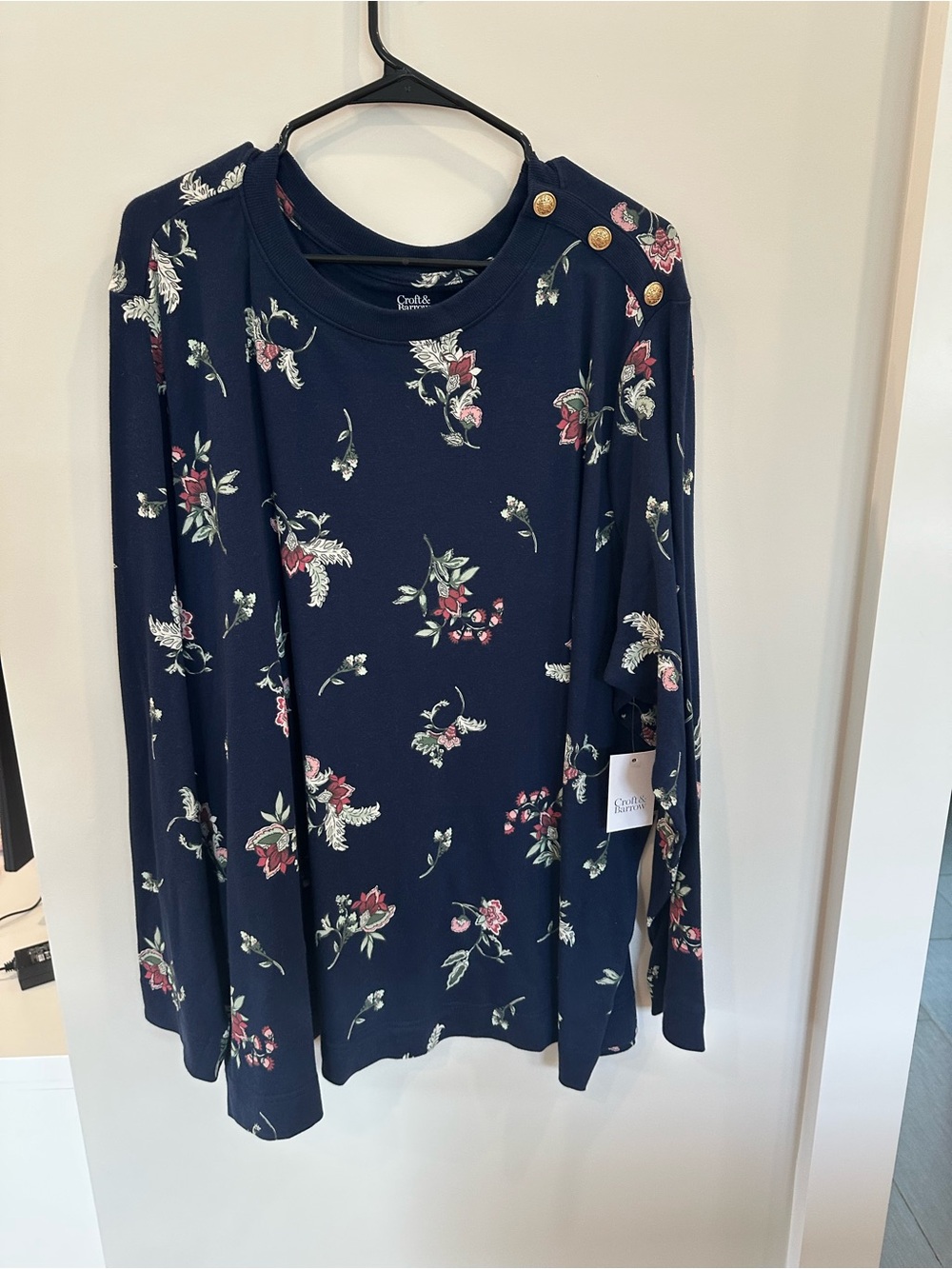 croft & barrow Navy Floral Long-Sleeve Top with Gold Shoulder Buttons